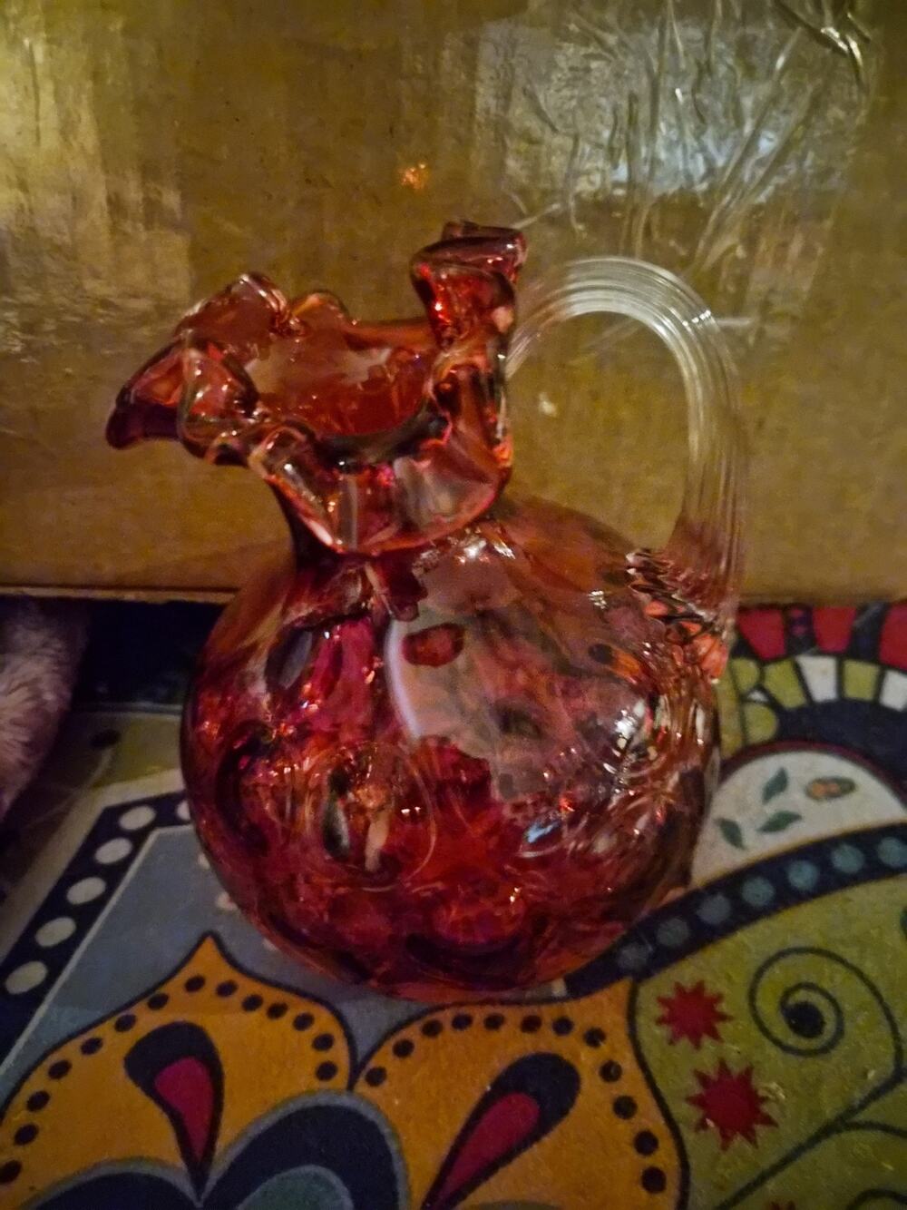 Fenton 7" Cranberry Glass Coin Dot Thumbprint Pitcher Ruffled Top